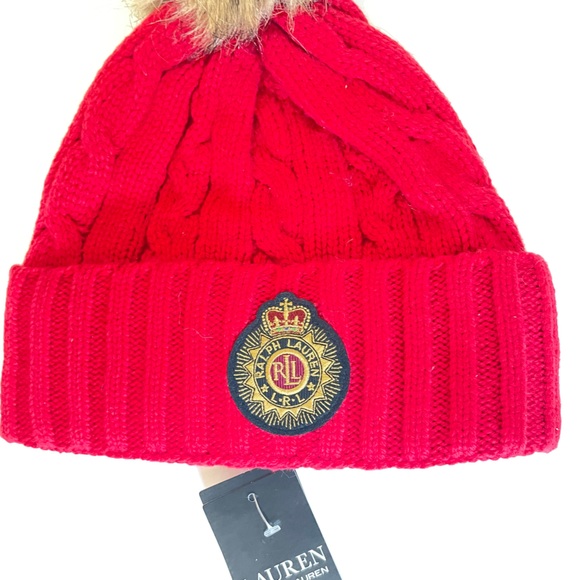 Lauren by Ralph Lauren Cable-Knit Pom-Pom Beanie Red. - Picture 3 of 5
